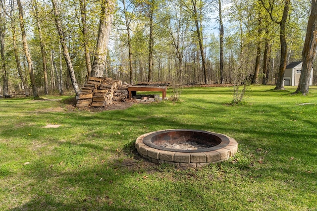 21588 Gull Lake Loop Rd NE Unit 83, Hagali Twp, MN 56683 - view of green lawn featuring an outdoor fire pit, an outbuilding, and a storage unit