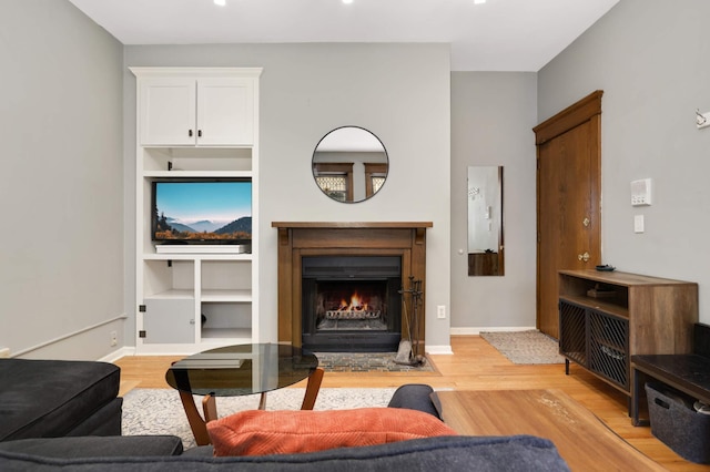 635 Grand Ave Unit 4, Saint Paul, MN 55105 - living area with light wood finished floors, a lit fireplace, baseboards, and built in features