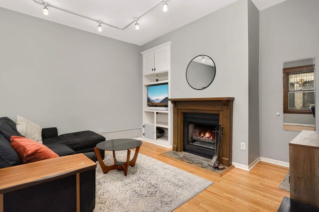 635 Grand Ave Unit 4, Saint Paul, MN 55105 - living area featuring light wood-style flooring, baseboards, track lighting, a fireplace with flush hearth, and built in shelves