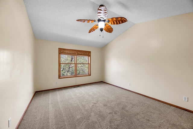 25100 Lincoln Dr NE, Athens Twp, MN 55040 - empty room featuring a ceiling fan, carpet floors, a textured ceiling, lofted ceiling, and baseboards