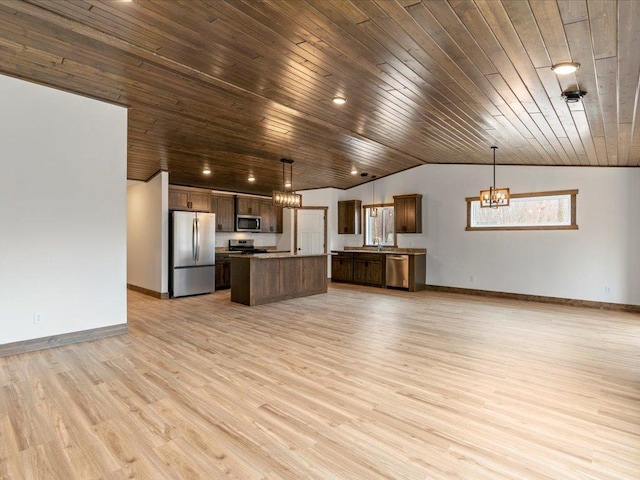 kitchen featuring appliances with stainless steel finishes, a chandelier, open floor plan, wooden ceiling, and lofted ceiling