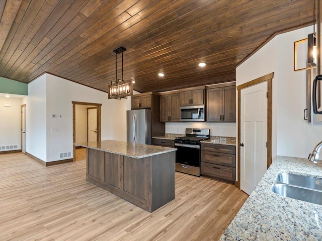 kitchen with appliances with stainless steel finishes, a sink, wooden ceiling, light wood-style floors, and dark brown cabinetry
