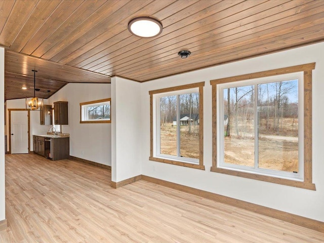 unfurnished living room with wood ceiling, lofted ceiling, light wood-style floors, baseboards, and a chandelier