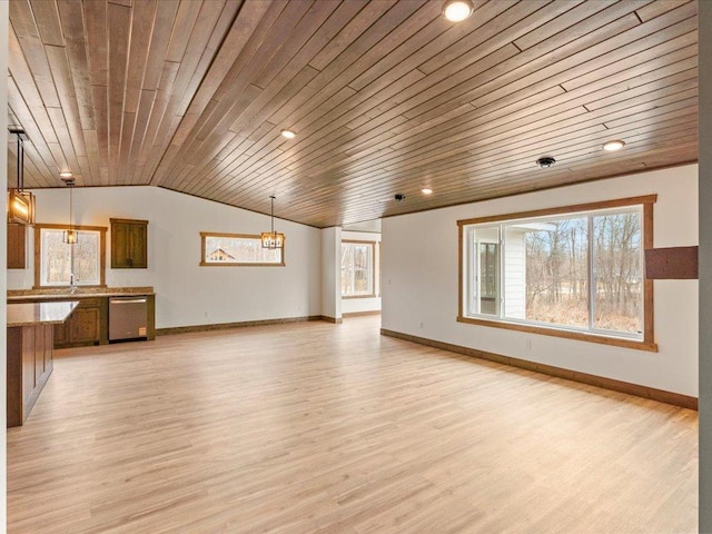 unfurnished living room featuring wood ceiling, light wood-style floors, vaulted ceiling, baseboards, and recessed lighting