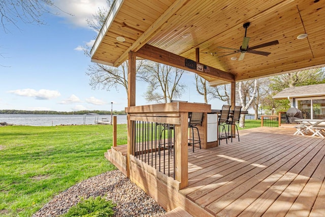 17055 Dickenson Ln, Waterville, MN 56096 - wooden deck featuring a water view, a yard, and a ceiling fan