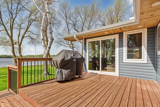 17055 Dickenson Ln, Waterville, MN 56096 - wooden terrace with a water view, a grill, and a yard
