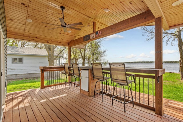 17055 Dickenson Ln, Waterville, MN 56096 - deck featuring a water view, a ceiling fan, and a yard