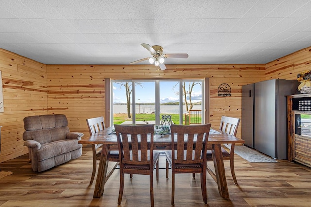 17055 Dickenson Ln, Waterville, MN 56096 - dining space featuring plenty of natural light, wood finished floors, wood walls, and a ceiling fan