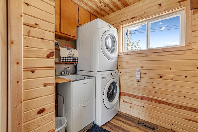 17055 Dickenson Ln, Waterville, MN 56096 - laundry room with cabinet space, stacked washer / dryer, wooden walls, and wood finished floors