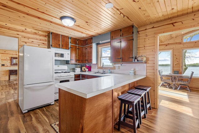 17055 Dickenson Ln, Waterville, MN 56096 - kitchen featuring white appliances, a sink, a peninsula, wood walls, and plenty of natural light