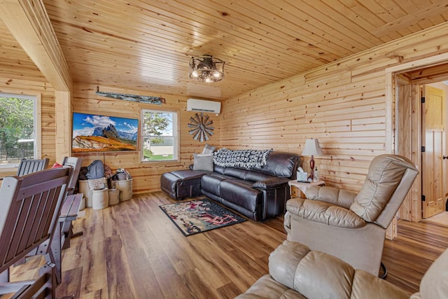 17055 Dickenson Ln, Waterville, MN 56096 - living area featuring wood walls, a wall unit AC, wooden ceiling, and wood finished floors