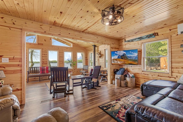 17055 Dickenson Ln, Waterville, MN 56096 - living room featuring wood ceiling, wood walls, wood finished floors, and lofted ceiling