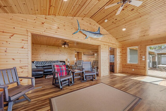 17055 Dickenson Ln, Waterville, MN 56096 - sitting room featuring wood ceiling, a ceiling fan, wooden walls, wood finished floors, and recessed lighting