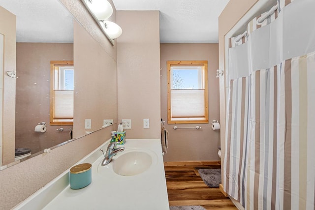 17055 Dickenson Ln, Waterville, MN 56096 - full bath featuring healthy amount of natural light, wood finished floors, vanity, and curtained shower