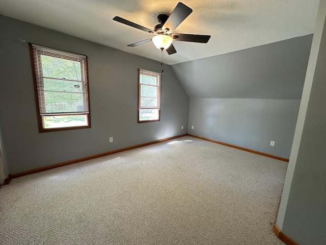403 7th St N, Kerkhoven, MN 56252 - additional living space with carpet floors, baseboards, ceiling fan, vaulted ceiling, and a textured ceiling