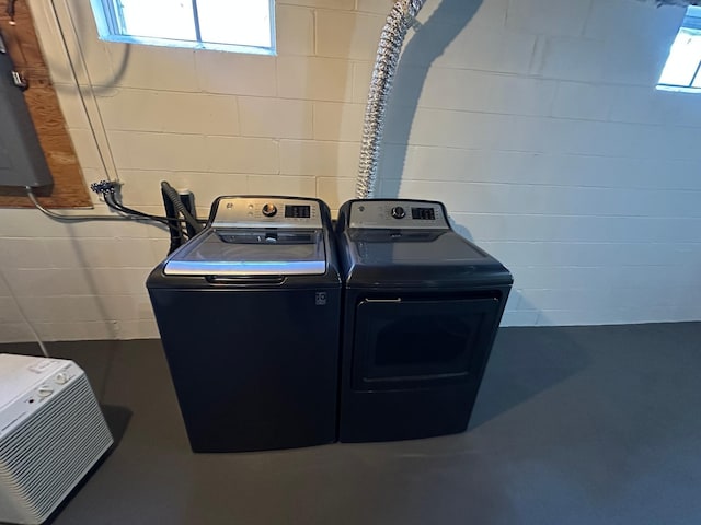 403 7th St N, Kerkhoven, MN 56252 - clothes washing area with washer and dryer, concrete block wall, and electric panel