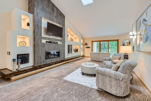 58 Garden Dr, Burnsville, MN 55337 - living room with a fireplace, carpet flooring, baseboards, and high vaulted ceiling