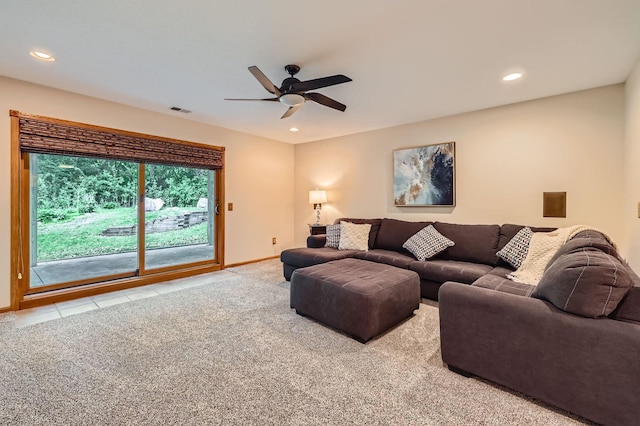58 Garden Dr, Burnsville, MN 55337 - carpeted living room with a ceiling fan, recessed lighting, baseboards, and tile patterned flooring