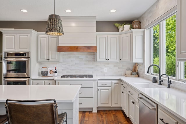 19820 Schutte Farm Rd, Corcoran, MN 55340 - kitchen with stainless steel appliances, a sink, healthy amount of natural light, white cabinetry, and recessed lighting