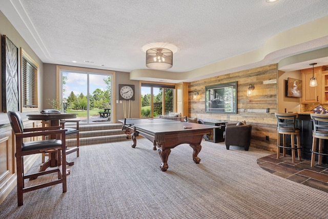 19820 Schutte Farm Rd, Corcoran, MN 55340 - rec room with a textured ceiling, wood walls, carpet floors, a community bar, and recessed lighting