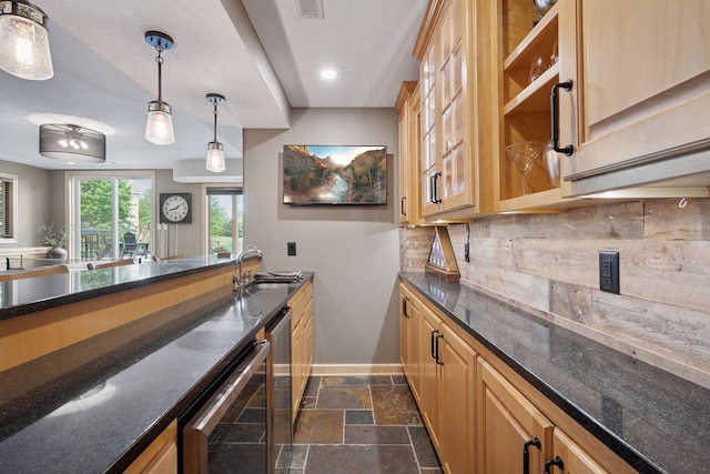 19820 Schutte Farm Rd, Corcoran, MN 55340 - bar area featuring baseboards, tasteful backsplash, a sink, stone tile flooring, and wine cooler