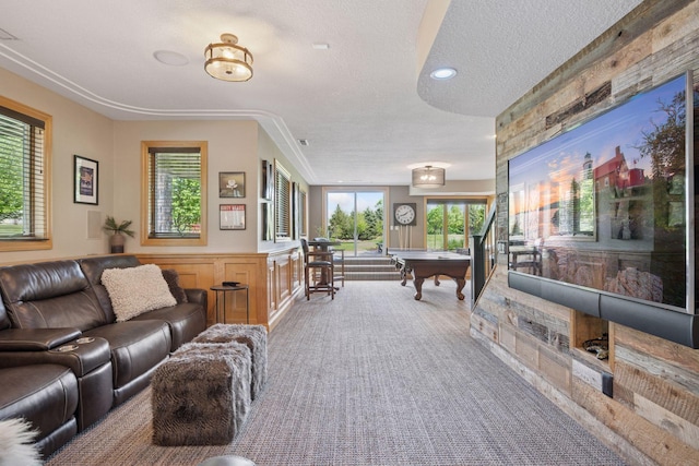 19820 Schutte Farm Rd, Corcoran, MN 55340 - living area featuring a textured ceiling, light carpet, pool table, and wainscoting