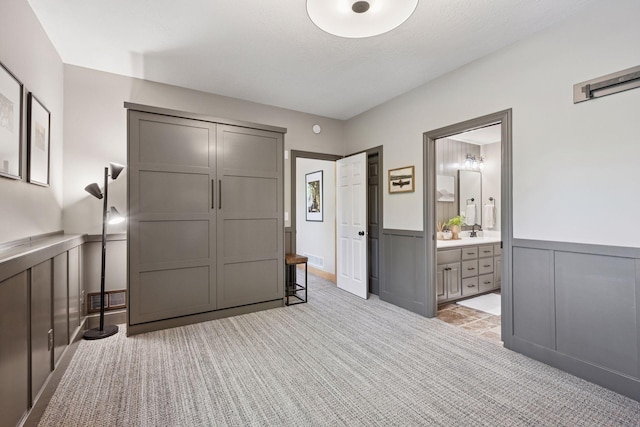 19820 Schutte Farm Rd, Corcoran, MN 55340 - unfurnished bedroom with light carpet, a wainscoted wall, a sink, a decorative wall, and connected bathroom