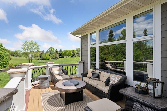 19820 Schutte Farm Rd, Corcoran, MN 55340 - wooden deck featuring an outdoor hangout area and view of scattered trees
