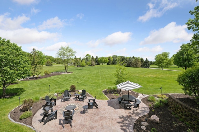 19820 Schutte Farm Rd, Corcoran, MN 55340 - view of grassy yard featuring a patio, an outdoor fire pit, and view of scattered trees
