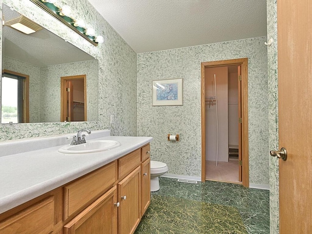 38850 Christie Ln, Cohasset, MN 55721 - bathroom featuring a textured ceiling, vanity, toilet, and a walk in closet