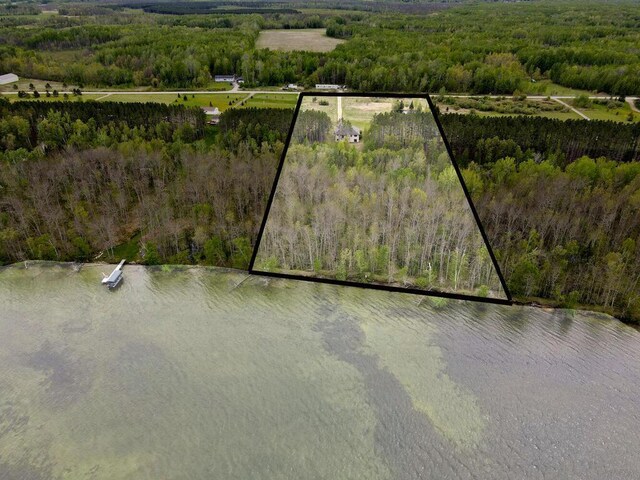 38850 Christie Ln, Cohasset, MN 55721 - aerial view of property and surrounding area featuring a forest, property boundaries highlighted, and a nearby body of water