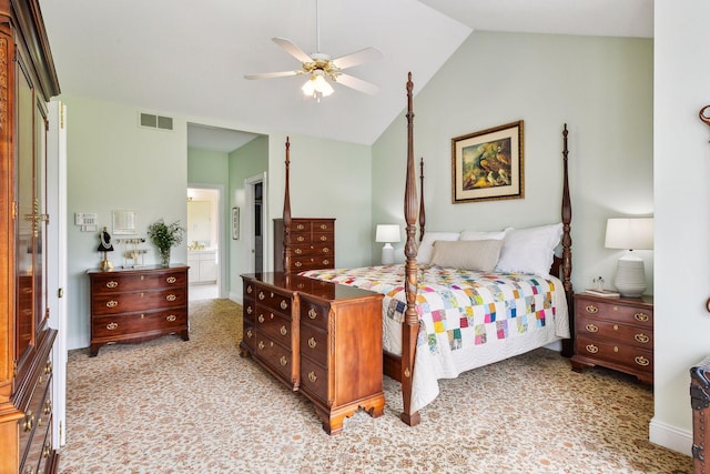 5225 Upland Ave, New Germany, MN 55367 - bedroom featuring lofted ceiling, ensuite bathroom, light carpet, and ceiling fan