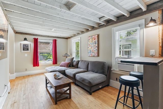 3519 Upton Ave N, Minneapolis, MN 55412 - living room with wood ceiling with exposed beams, light wood finished floors, baseboards, and cooling unit