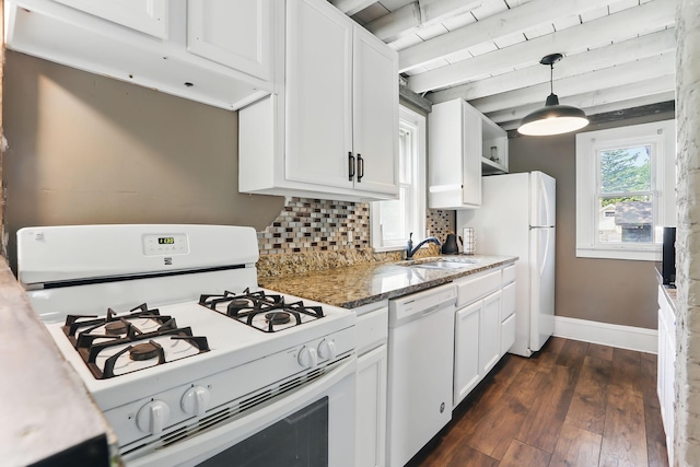 3519 Upton Ave N, Minneapolis, MN 55412 - kitchen with white appliances, a sink, baseboards, dark wood-style floors, and white cabinets