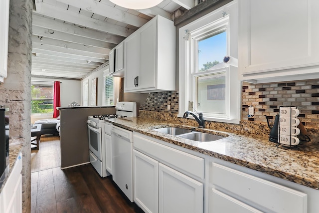 3519 Upton Ave N, Minneapolis, MN 55412 - kitchen with white appliances, a sink, white cabinetry, and wooden ceiling with exposed beams