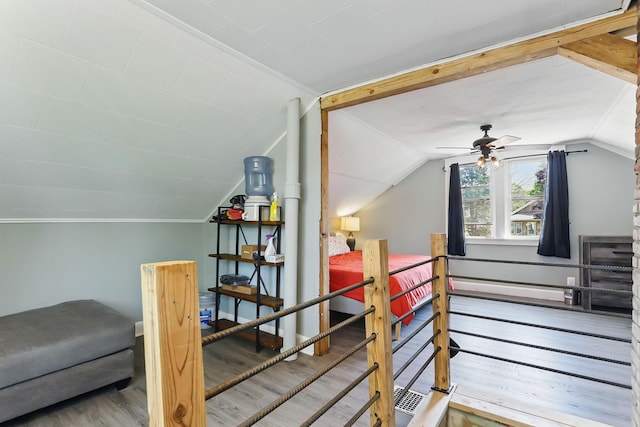 3519 Upton Ave N, Minneapolis, MN 55412 - staircase featuring wood finished floors, lofted ceiling, and ceiling fan