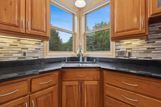 1376 Cobblestone Rd N, Champlin, MN 55316 - kitchen featuring brown cabinetry, backsplash, and dark stone counters