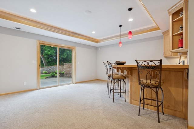 1376 Cobblestone Rd N, Champlin, MN 55316 - indoor bar with light colored carpet, a raised ceiling, decorative light fixtures, and recessed lighting