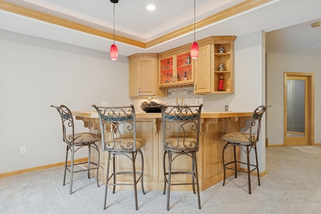 1376 Cobblestone Rd N, Champlin, MN 55316 - kitchen featuring open shelves, light colored carpet, a kitchen breakfast bar, and light brown cabinets