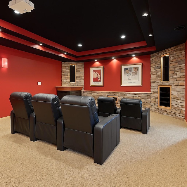 1376 Cobblestone Rd N, Champlin, MN 55316 - home theater room featuring light colored carpet, a tray ceiling, recessed lighting, and a fireplace