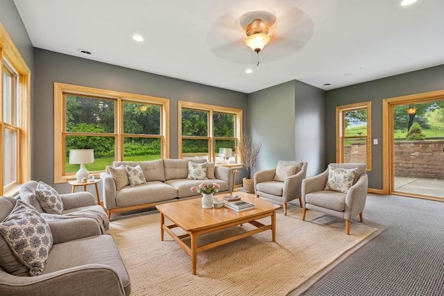 1376 Cobblestone Rd N, Champlin, MN 55316 - living room with plenty of natural light, ceiling fan, recessed lighting, and light colored carpet