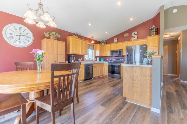 kitchen with stainless steel appliances, dark wood-type flooring, light countertops, light brown cabinets, and recessed lighting