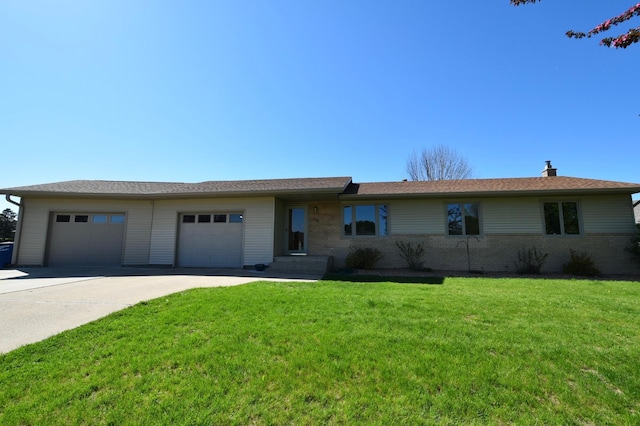 109 Brenda Ln, Goodhue, MN 55027 - ranch-style house with an attached garage, driveway, a front lawn, brick siding, and a chimney