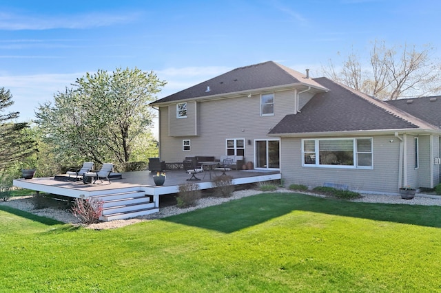 14590 Thicket Ln, Dayton, MN 55327 - back of property featuring a wooden deck, a lawn, and a shingled roof