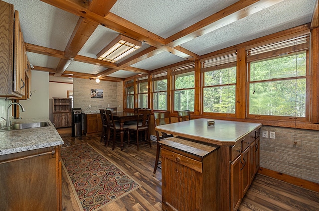 5305 Cisco Ln NE, Remer, MN 56672 - kitchen with a sink, light countertops, dark wood-type flooring, brown cabinetry, and beamed ceiling