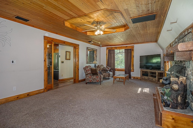 5305 Cisco Ln NE, Remer, MN 56672 - carpeted living room with wooden ceiling, ceiling fan, a stone fireplace, and baseboards