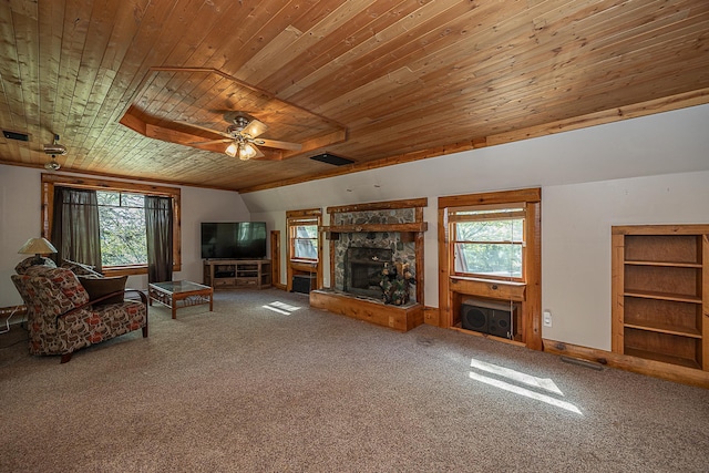 5305 Cisco Ln NE, Remer, MN 56672 - unfurnished living room with wooden ceiling, carpet floors, vaulted ceiling, a ceiling fan, and a fireplace