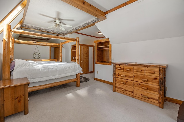 5305 Cisco Ln NE, Remer, MN 56672 - bedroom with baseboards, carpet, beamed ceiling, and a ceiling fan