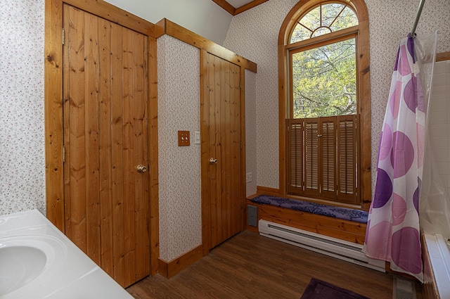 5305 Cisco Ln NE, Remer, MN 56672 - bathroom with wallpapered walls, wood finished floors, shower / tub combo, and vanity
