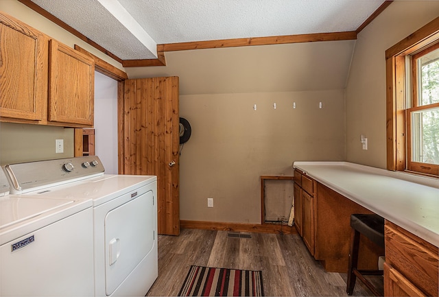 5305 Cisco Ln NE, Remer, MN 56672 - washroom featuring cabinet space, washing machine and clothes dryer, dark wood finished floors, a textured ceiling, and baseboards